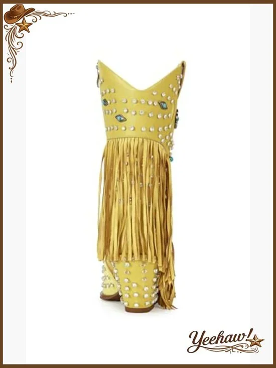 Fringe Cowboy Boots Rhinestone Embellishments Mid Calf Western Booties - Picture 5 of 7